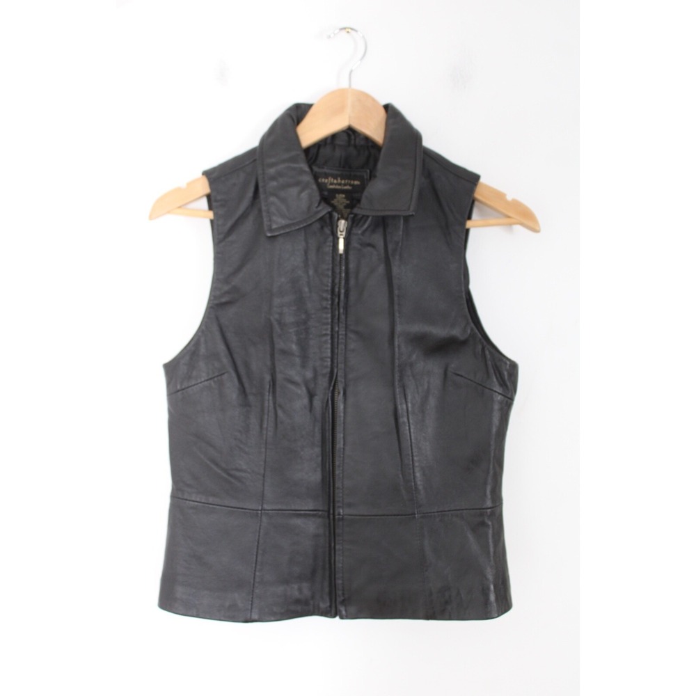 Vtg 90s Croft & Barrow S Black Lambskin Leather Zip-Front Vest